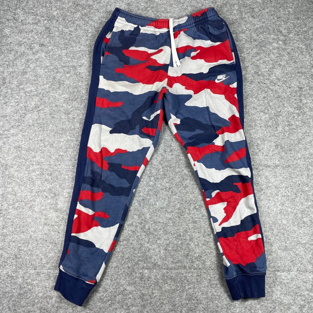 Nike Joggers Mens M Red White Blue Camo Sportswear Club Fleece BV3628-012